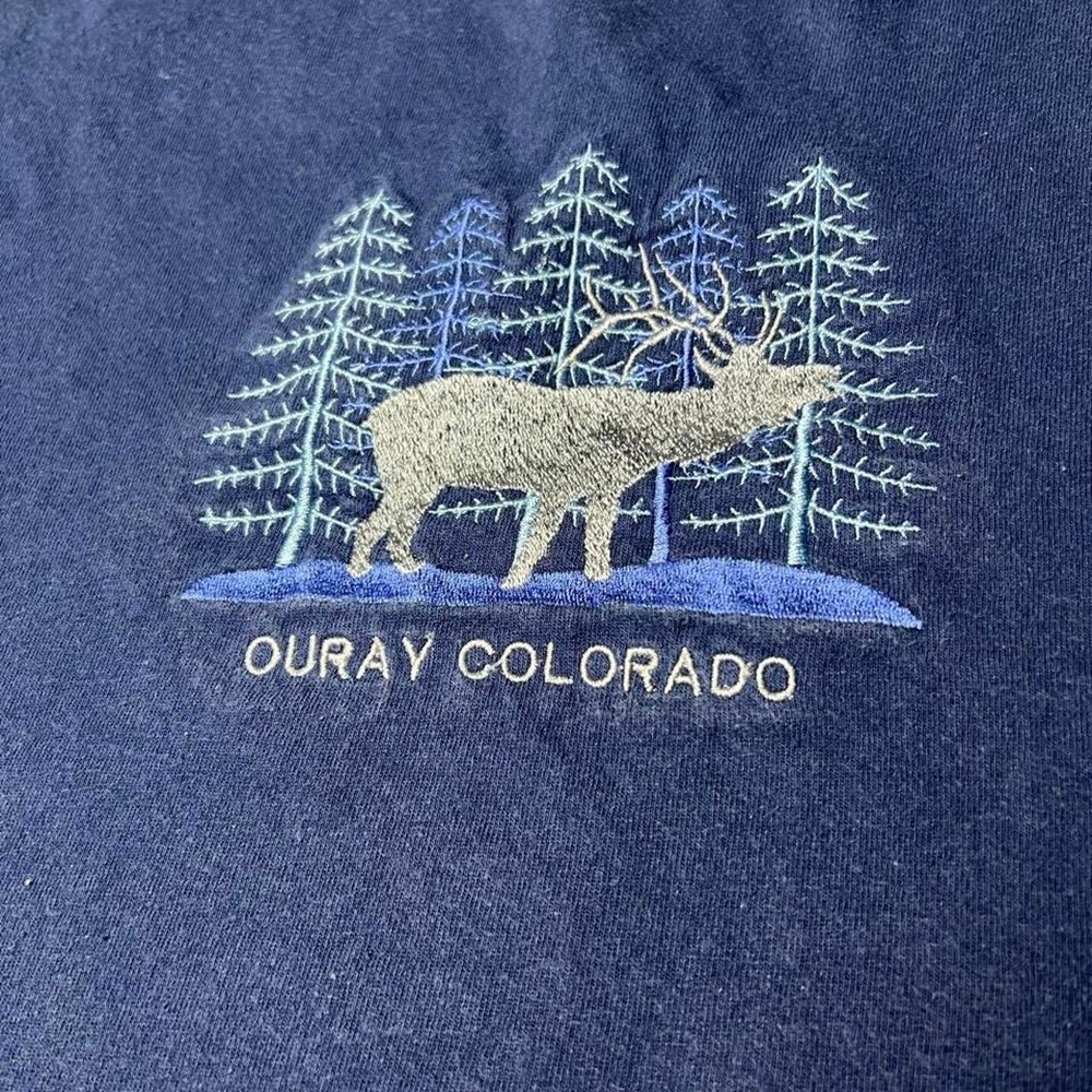 Navy blue Ouray Colorado tee with white deer graphic and trees - Picture 2 of 7
